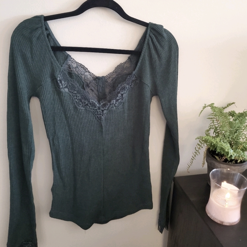 Free People Ribbed Green Top
